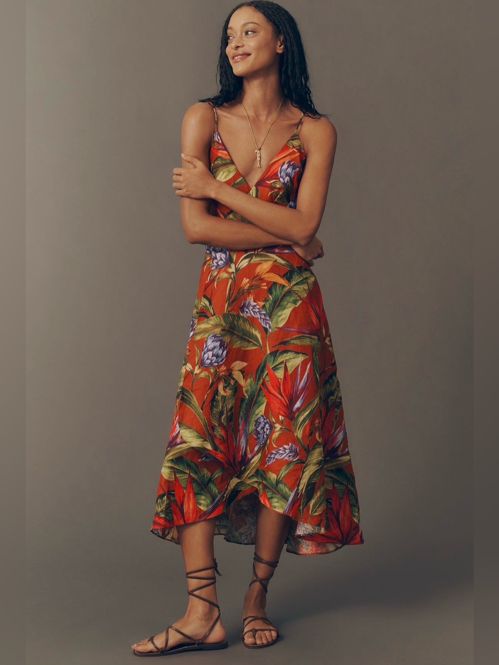 Farm Rio Florart Linen Sleeveless Plunge Midi Dress
